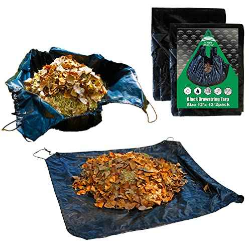 RAINDEWAY Drawstring Tarp 12x12 Feet (2pack), 9 mil Black Poly Yard With Drawstring, Reusable Leaf Lawn Garden Bag