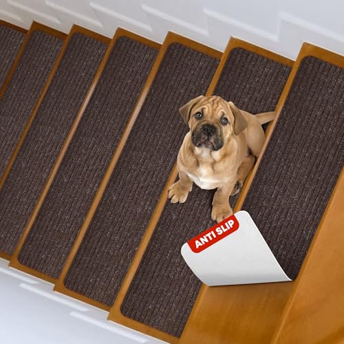 MBIGM Brown Stripe Carpet Stair Treads - 15 Pack, 8x30 Inches, Non-Slip Safety Step Covers