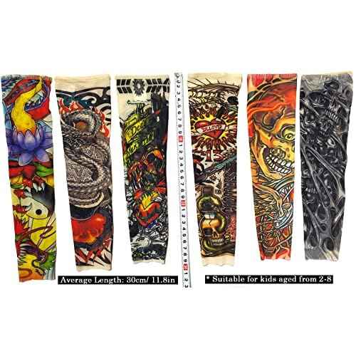 Temporary Tattoo Sleeves for Kids, Fake Slip On Arm Sunscreen Sleeves, 6pcs - Eagle,Skull,Dragon,Clown, Snake,etc