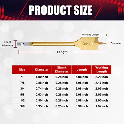 6PCS Spade Drill Bit Set Paddle Flat Bits 3/8"-1" Flat Wood Hole Cutter Fit for Most Types of Wood as Well as Fiberglass