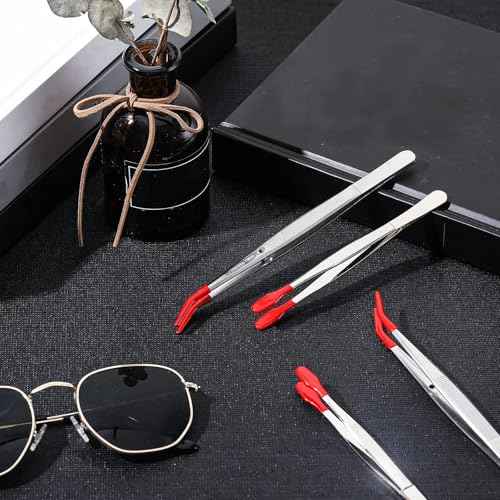 Honoson 4 Pieces Rubber Tipped Tweezers PVC Silicone Tip Tweezers Coated Flat and Bent Forceps for Lab Industrial Jewelry Craft Coin Stamp Tongs(Red)