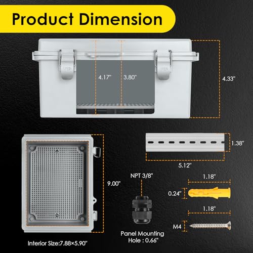 Joisyoya IP67 Waterproof Outdoor Electrical Junction Box with Aluminum DIN Rail - Grey, 8.6 x 6.7 x 4.3 Inches