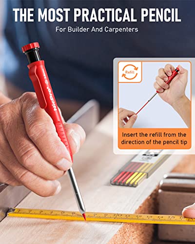 Nicpro 2-Pack Mechanical Carpenter Pencils with Deep Hole Tip, Sharpener & Refills - Black & Red Construction Marking Tools