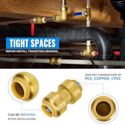 SUNGATOR 1/2 Inch Brass Push Fittings Coupling - 12 Pack, Easy Connect Plumbing