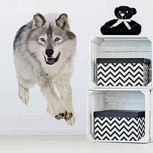 Lifelike Running Wolf Wall Decal Nursery Animal Wall Sticker Removable Peel and Stick Wall Art Decor Stickers for Kids Baby Classroom Preschool Living Room Playing Room Bedroom School
