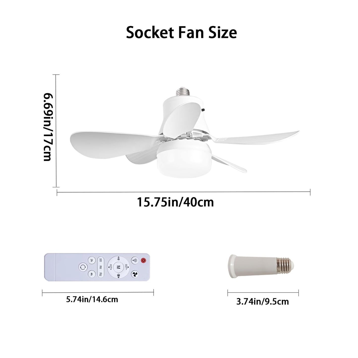 WMBFMWT Socket Fan Light with Remote - Dimmable LED Screw in Ceiling Fan 3 Colors 3000K-6500K, 1000 Lumens Light Bulb Socket Fan Light for Garage Tool Room Bedroom Kitchen Living Room (White)