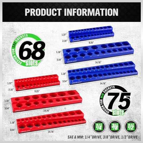 Magnetic Socket Organizer Set, 6PCS Socket Holder, 1/4", 3/8", 1/2" Sockets Holds 143 Pieces Magnetic Sockets Trays (Blue&red, 6 Pcs)