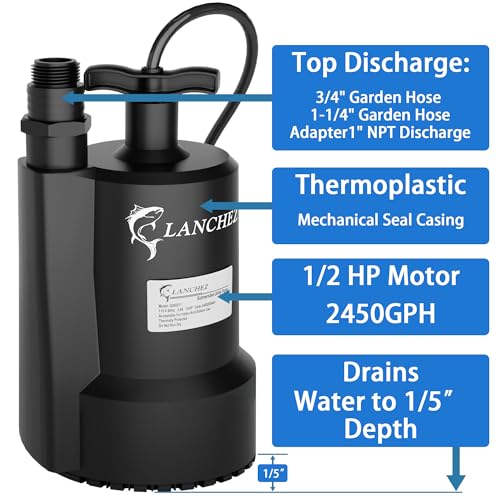 LANCHEZ 1/2 HP Submersible Water Pump - 2450 GPH Utility Sump Pump for Pool, Basement, Garden, Hot Tub