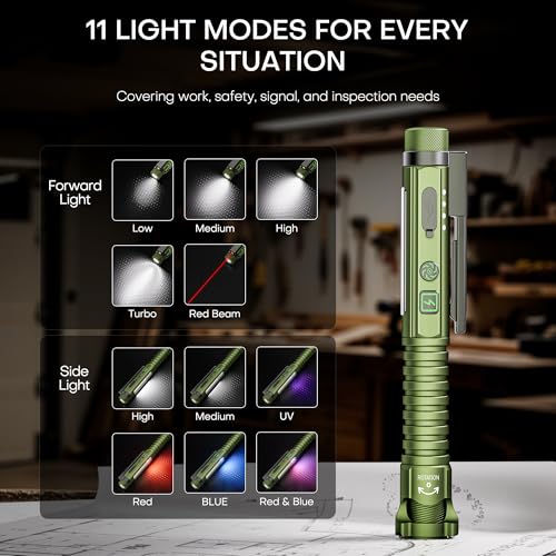 Green PASIION 800 Lumen Rechargeable EDC Flashlight with Magnetic Clip & Base – 11 Modes, Glass Breaker & USB-C Charging