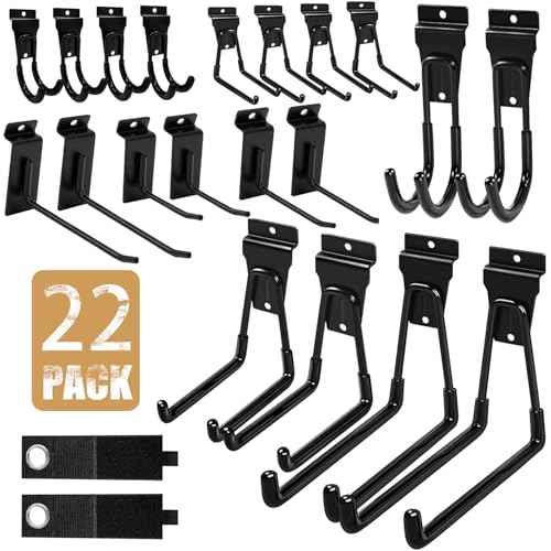 Slatwall Accessories, 22 Pack Heavy Duty Steel Slatwall Hooks, Multi-Size Slat Wall Hanging Hooks for Ladders, Bikes, Garage and Garden Tools (ProSlat & Slatwall Panel Compatible)
