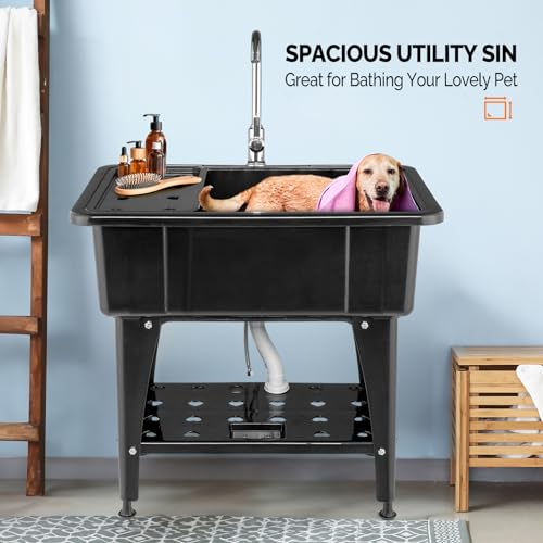 VINGLI Black 20-Gallon Utility Sink with Stainless Steel Faucet, Freestanding Laundry Tub 32W x 22D x 36H