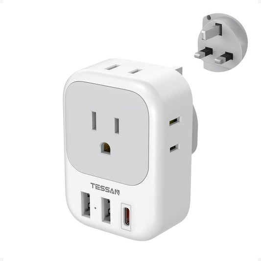 TESSAN US to UK Plug Adapter PD 20W, Type G Travel Converter with 3 USB Charger(1 USB C Port), 4 Outlets Power Adaptor for USA to Qatar Ireland Hong Kong England Scotland Kenya Dubai London British