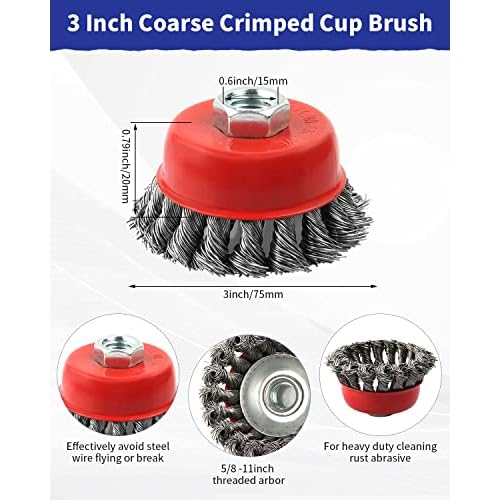 Rocaris 3 Pack Wire Wheel Cup Brush for Angle Grinders,3 & 4 Inch Twisted Knotted & Coarse Crimped Cup Brush,5/8-11 Inch Threaded Arbor for Rust, Corrosion