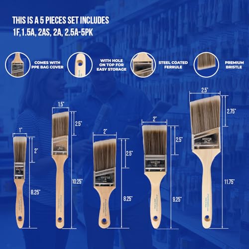 Pro Grade 5-Piece Paint Brush Set for Walls, Trim & Stain - Professional Quality