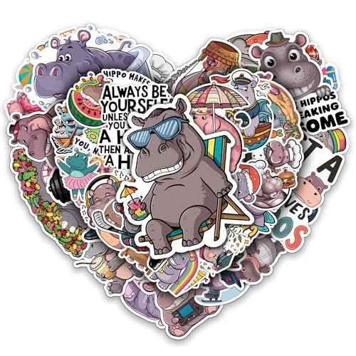 Hippo Stickers 50 Pieces Vinyl Waterproof Decal for Laptop Water Bottle Phone Car Window Bike Motorcycle Stakeboard Scrapbook Hippos Sticker Gifts for Kid Teen Adult