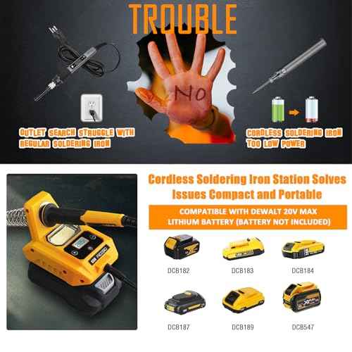 FrogBro Battery Soldering Iron Station for Dewalt 20V Max, Adjustable Temperature 212-932¢µ, Portable Cordless Soldering Iron with 6 Tips & Digital Display for DIY Repair(Battery Not Included)