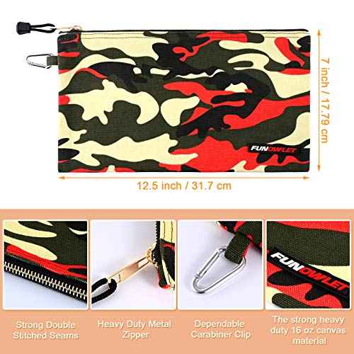 FunOwlet Canvas Tool Pouch Zipper Bag - 5 Pack Heavy Duty Utility Camo Bags with Carabiner, Multi-Purpose Storage Organizer Clip on Tote Pouches 12.5 x 7-Inch