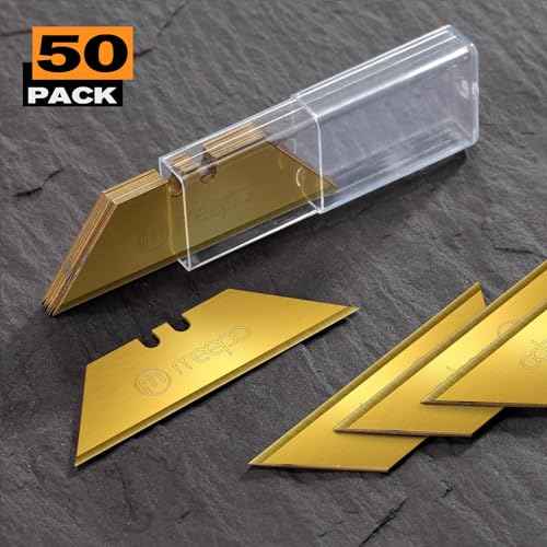 50-Pack Utility Knife Blades, Titanium Fully Plated, Durable SK-2 Razor Blades for Utility Knife Box Cutter, Never Rust, Extra Durable