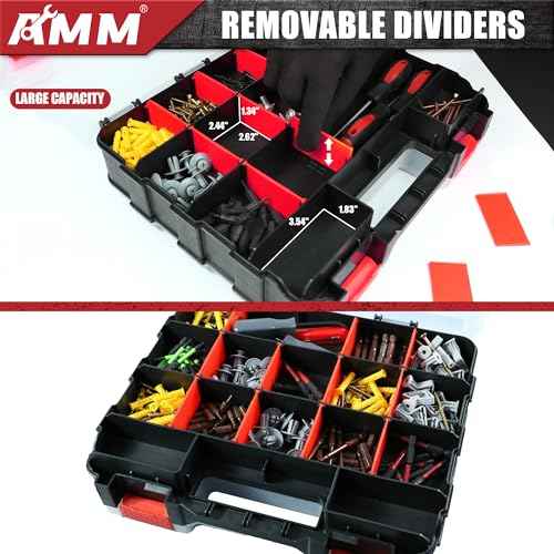 AMM Tool Box, Double Side Tool Box Organizer with 34 Compartments, Removable Dividers, Tackle Box Small Parts Screw Hardware Organizer for Screws, Nuts, Nails and Bolts (2 Piece, Red)