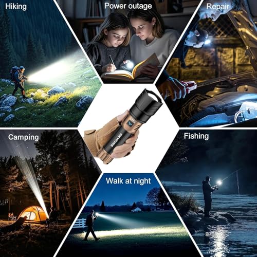 SKYFIRE SF1097 Rechargeable LED Flashlight with Ignition Lens - 5000 Lumens, Waterproof, Zoomable, 6 Modes, Tactical Camping Light (Black & Gold Lens)