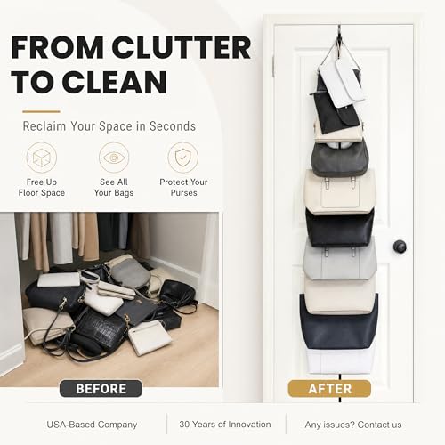 Over-The-Door Handbag & Purse Organizer - Fits Up To 18 Bags, 2 Straps, Easy Install - Perfect Curve
