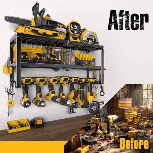 Power Tool Organizer for Tool Storage, Drill Holder Wall Mount with Screwdriver Organizer, Tool Holder for Garage Wall Organization, Heavy Duty Metal Tool Shelf with Battery Holder