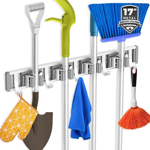 Reliahom Silver Wall Mount Broom Holder with 4 Racks & 5 Hooks - 1 Pack
