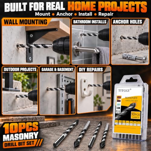 TITGGI 10-Piece Masonry Drill Bit Set - 7 Sizes for Concrete, Tile, Brick, and More