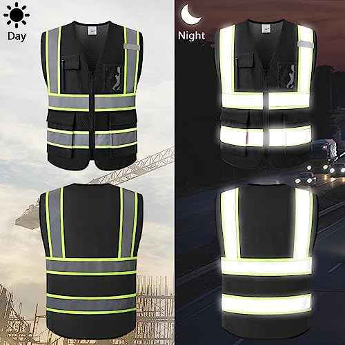 Reflective Safety Vest for Men Women with 5 Pockets and Zipper Front Mesh High Visibility Vest Hi Vis Work Vest,Meets ANSI/ISEA Standards(KZ177-Black-L)