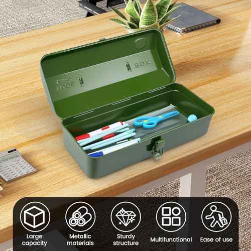 Large Metal Tool Storage Box with Handle for Workshop,15 inches Portable Tool Case with Lid£¬Locking Organiser Box for Hardware Part(green)