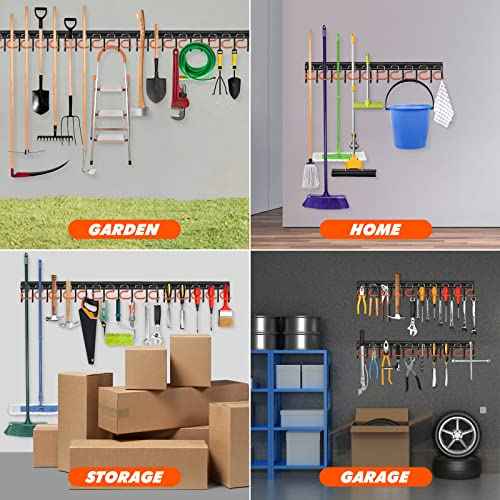 68'' All Metal Garden Tool Organizer Wall Mount Garage Tool Organizers and Storage Broom Holder Wall Mount with Hooks Tool Hangers for Shed