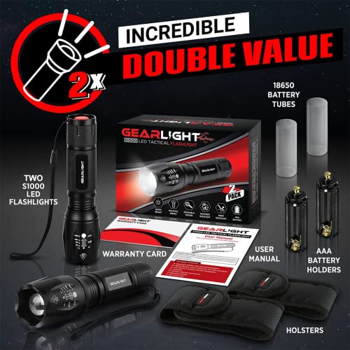 GearLight Mini Tactical LED Flashlights 2 Pack - 5 Modes, Zoomable Beam, Battery Not Included, Compact for Camping & Emergency
