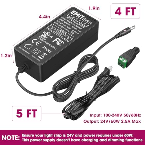 EMITEVER 24V 60W Power Supply UL-Listed LED Adapter, Class 2, 2.5A