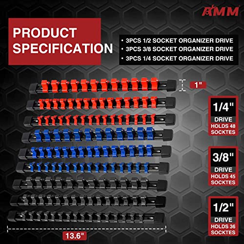AMM 9PCS Colorful Heavy Duty Socket Organizer Set 1/4, 3/8, 1/2 inch Drive