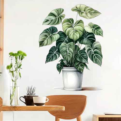 Green Plant Potted Wall Stickers, sacinora Broad-Leaved Plant Art Wall Decals Removable Vinyl Peel and Stick for Living Room Bedroom Study Room Kitchen Home Decorations