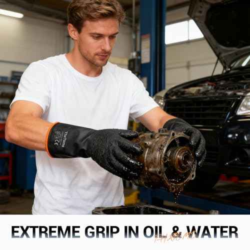 ThxToms Heavy Duty Rubber Gloves, Industrial Chemical Resistant Gloves Waterproof Reusable Protective Work Gloves for Cleaning, Dishwashing,Upgraded with Non-Slip Design, Black, 14" 1 Pair