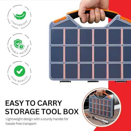 Andalus Tools Organizer Box, Small Parts Storage 18-Compartment Portable Hardware Organizer Removable Plastic Dividers for Screws, Nuts, Bolts, Nails ? Orange (2 Pack, 12.75" x 10" x 1.75")