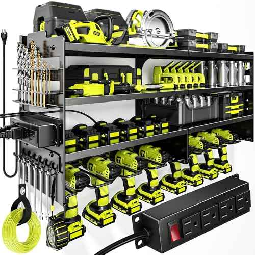 Large Power Tool Organizer Wall Mount with Charging Station,4 Layer Heavy Duty Metal Tool Storage Rack Loads 600lbs with 8 Cordless Drill Holder,Battery Utility Rack Loads with 4 Power Strip