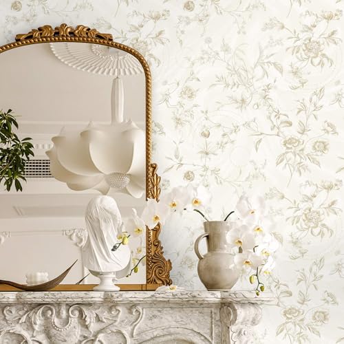 Peel and Stick Floral Wallpaper Beige French Garden Pattern 17.3x78.7in - Ismoon