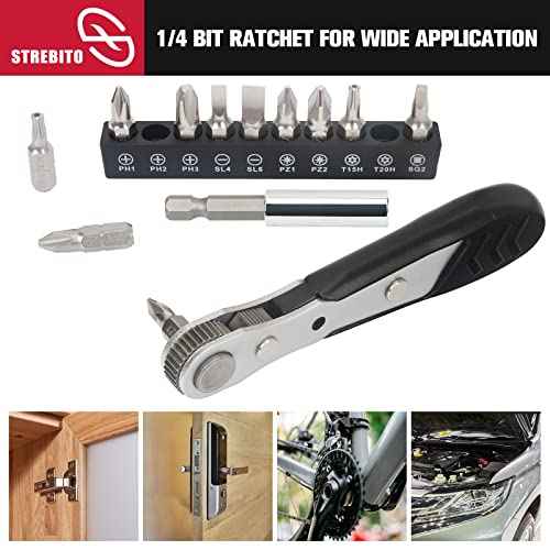 STREBITO Mini Ratchet Set 12-Piece 1/4 Right Angle Screwdriver Set - Small Ratcheting Wrench 90 Degree Offset High Torque Low Profile for Tight Spaces