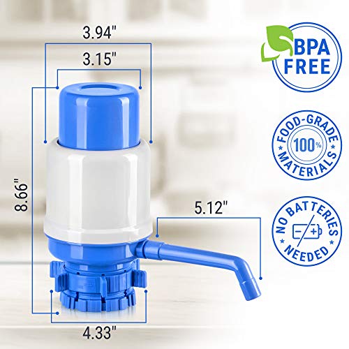 Blue Manual Water Pump for 5 Gallon Jugs - Non-Electric Hand Dispenser with Adjustable Tubes & BPA-Free Components