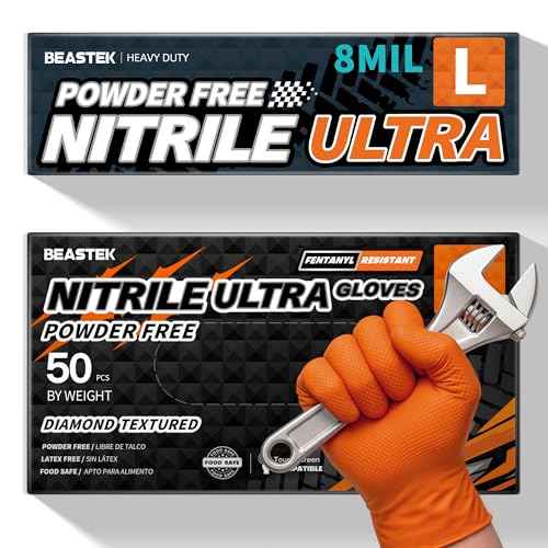 Beastek Nitrile Disposable Gloves, 8Mil Latex & Powder Free Chemical Resistant Heavy Duty Cooking Diamond Glove Orange 50 Pcs