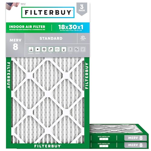 Filterbuy 18x30x1 MERV 8 Air Filter 3-Pack – Dust & Allergy Defense, Replacement for HVAC