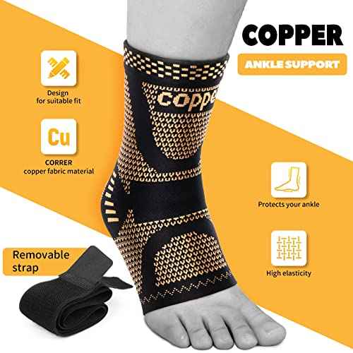 JIUFENTIAN Copper Ankle Brace Adjustable Compression Sleeve (Pair)-Ankle Support Heel Brace for Achilles Tendonitis, Plantar Fasciitis-Eases Swelling and Sprained Ankle(Large)