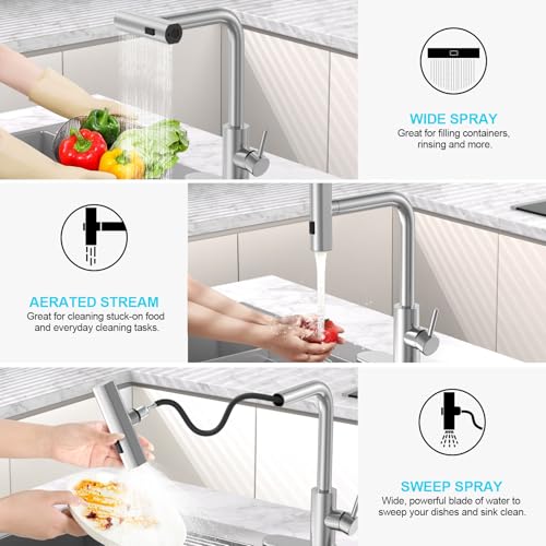AVSIILE Brushed Nickel Kitchen Faucet with Pull Down Sprayer & Soap Dispenser, Touch On