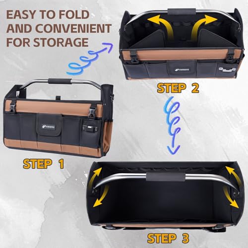 20 Inch Tool Bag, Foldable 19 Pockets Tool Tote Bags with Tool Organizer with Adjustable Shoulder Strap, Easy Carry and Easy Tool Access Open Top Tool Bag