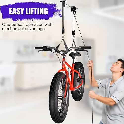 Bike Hoist, Heavy Duty Ebike Lift Pulley System for Garage Ceiling Overhead Storage for Bicycle, Ladders, Snowboard, Holds Up to 85 lbs Capacity, Fit 10-16 Foot High Ceilings