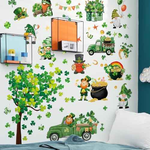 St. Patrick's Day Wall Decals Stickers Green Truck Shamrock St. Patricks Day Window Clings Lucky Clover Golden Coins Irish Spring Holiday Home Kitchen School Office Decor Party Supplies Decoration