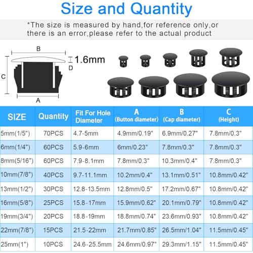 Black Plastic Hole Plugs Assorted Sizes 200 Pcs Nylon Caps for Round Holes