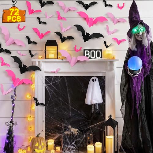Pink & Black 72 Pcs 3D Bat Wall Decor Stickers Halloween Decorations